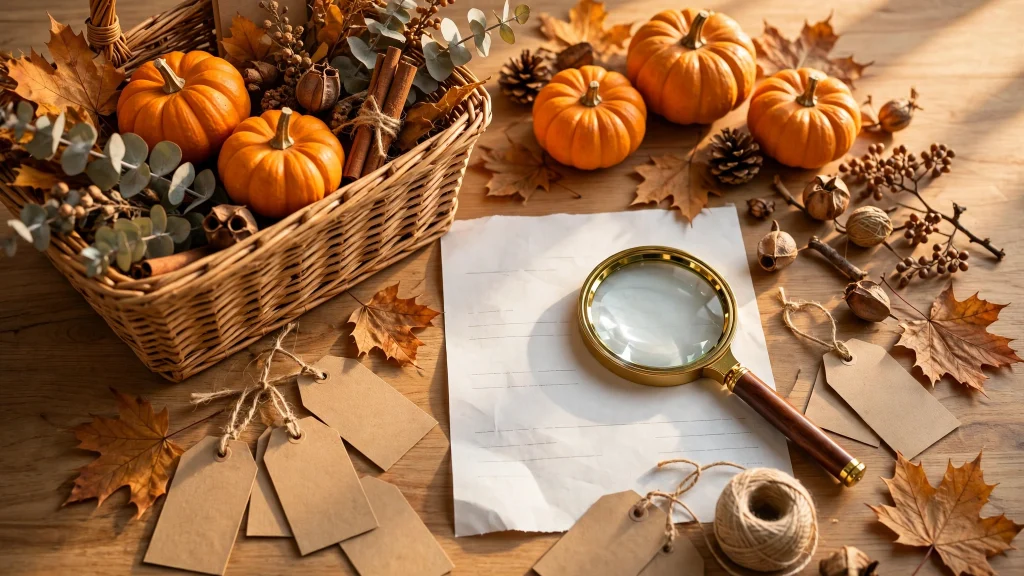 Autumn shopping scene with pumpkins, blank price tags and a magnifying glass over a list